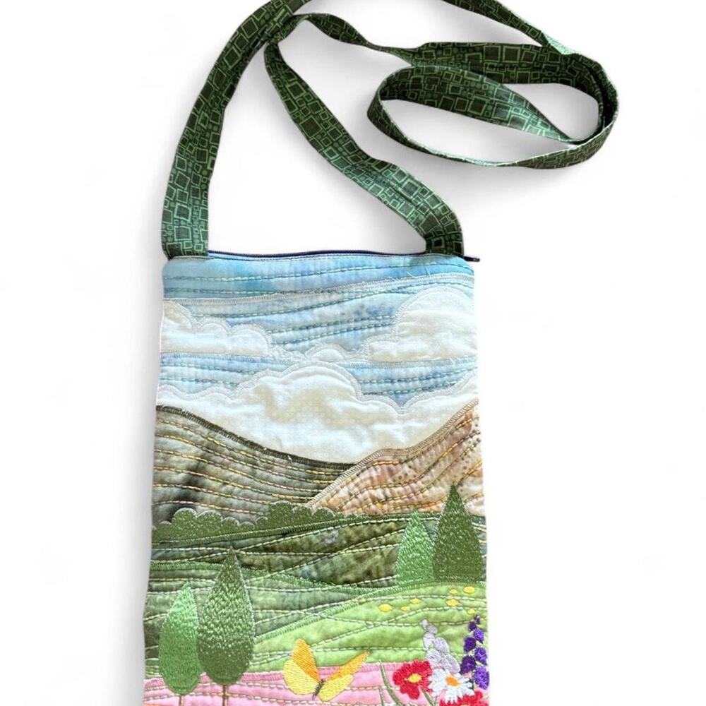 Handmade landscape quilted crossbody bag